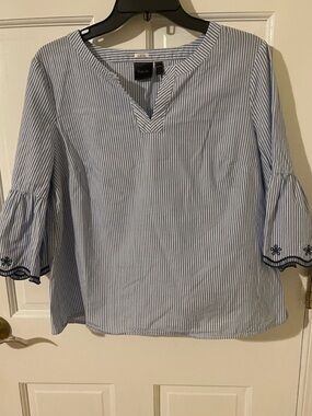 Rafaella Blue and White Striped Bell-Sleeve Blouse